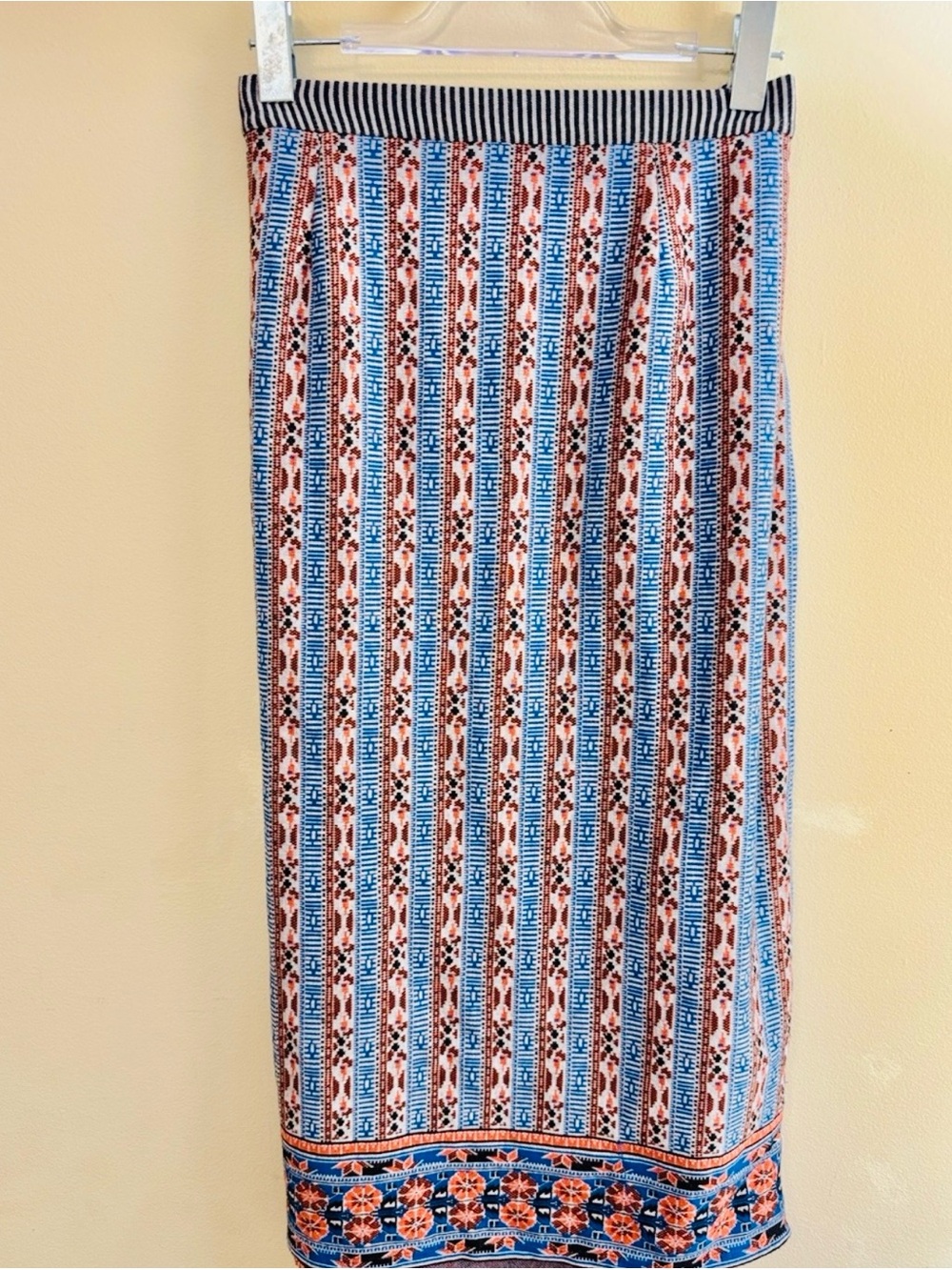 NWOT! Boho Anthropologie Women's Large Geo Striped Knit Maxi Skirt Blue Slit- L